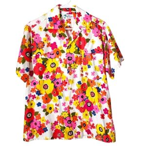 ISLAND FASHIONS x VINTAGE 70s bright‎ floral button up shirt short sleeve